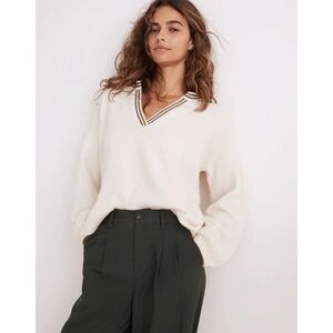 Madewell Cream V-Neck Sweater with Striped Trim
